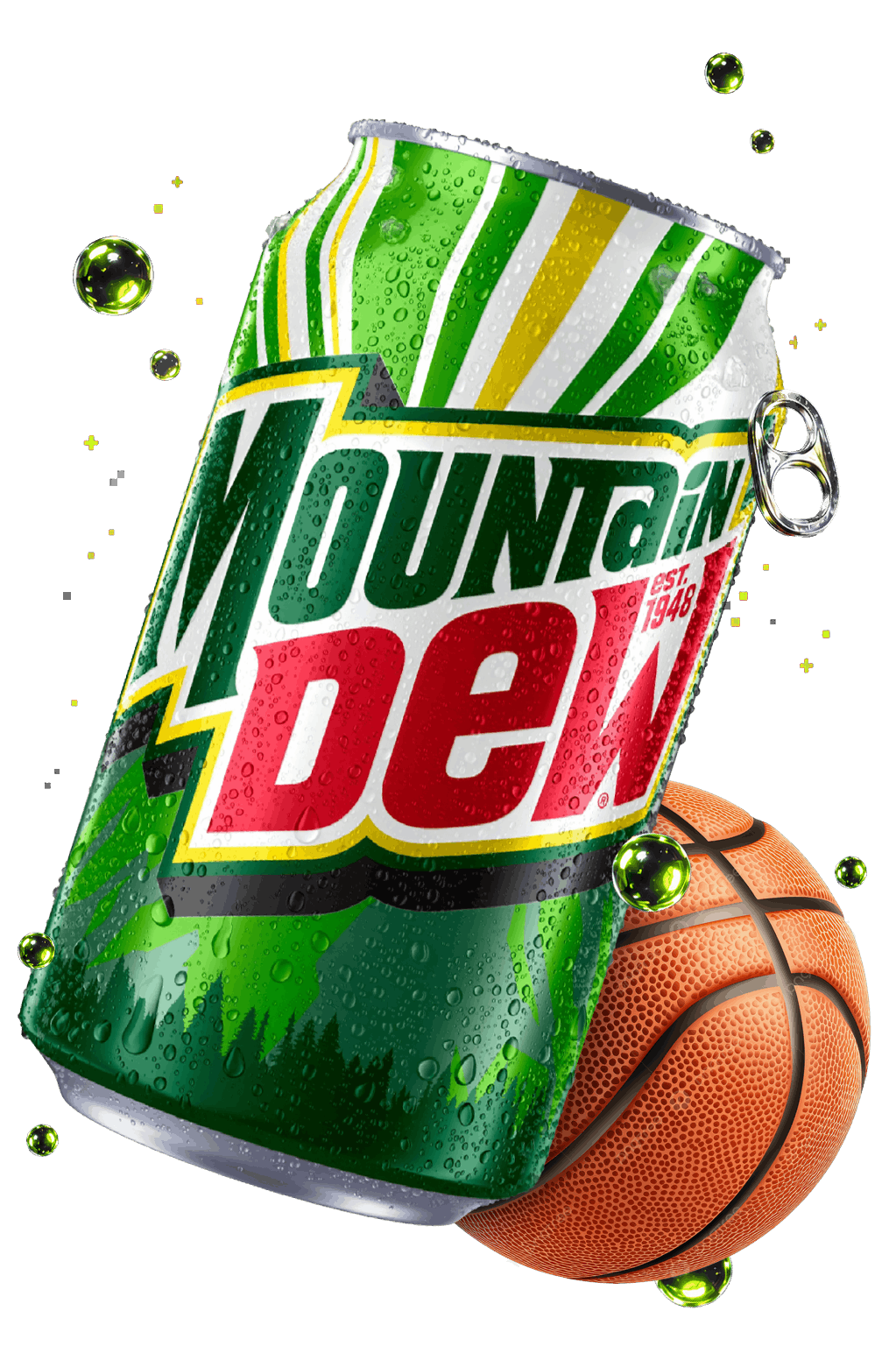 Fictional neon green Dew can floating in front of a basketball